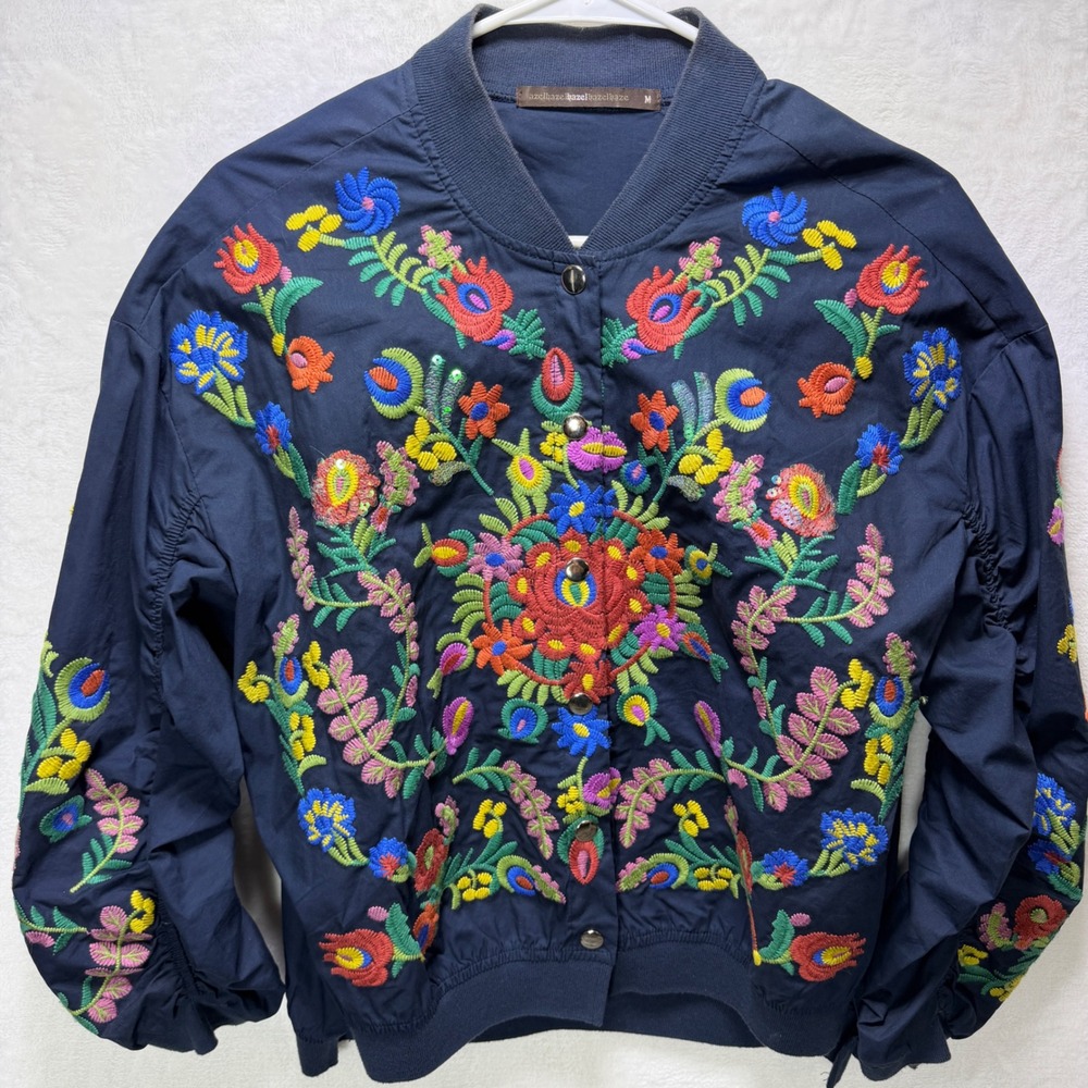 Hazel Womens Dark Blue Floral Embroidery Sequin Bomber Jacket Size M